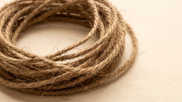 Coiled jute rope texture showing natural brown fibers on a plain light background