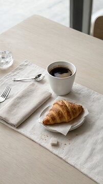Minimalist Morning Coffee And Fresh Flaky Croissant Arranged Simply On Beige Textile Table Runner