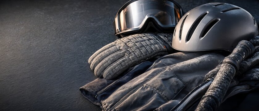 Professional Winter Sports Gear Close Up Featuring Sleek Helmet And Goggles On Dark Slate Background