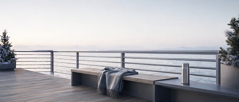 Luxurious Coastal Promenade with Winter Scenery at Quiet Dawn for Exclusive Tourism Advertisement.