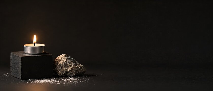 Minimalist memorial candle on pedestal with stone and textured dust on a dark black background.