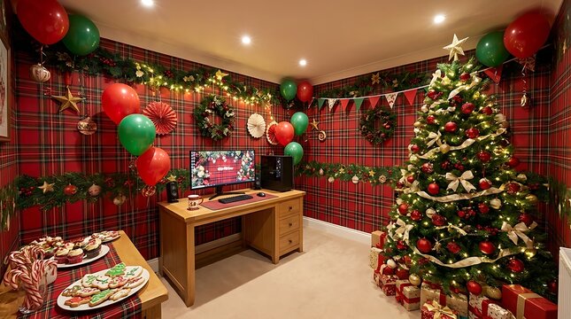 Cozy home office desk decorated for christmas with a large pine tree lights balloons and holiday treats in a room with warm plaid wallpaper design