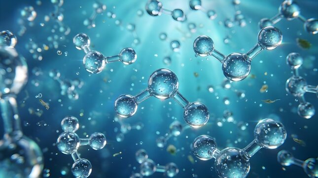 Water molecules floating in fluid with glowing blue liquid background, chemistry concept