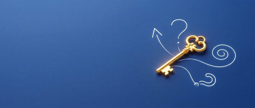 Ornate Golden Skeleton Key as a Metaphor for Unlocking Solutions and Finding Answers to Complex Questions with Hand Drawn White Arrows and Question Marks Over a Minimalist Blue Studio Background.
