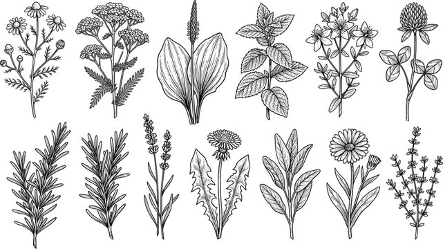 Medicinal herbs vector sketch set featuring hand drawn illustrations of chamomile lavender rosemary mint dandelion calendula sage clover and thyme plants isolated on white