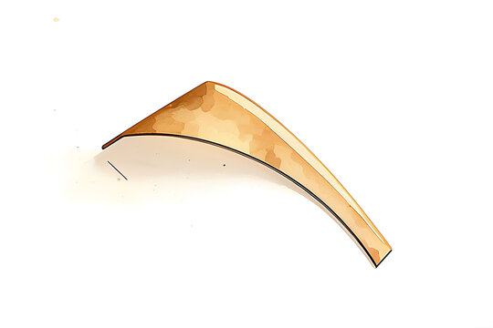 An angled, curved golden metallic or plastic strip isolated on a white background, featuring a sharp corner and a smooth, reflective surface finish