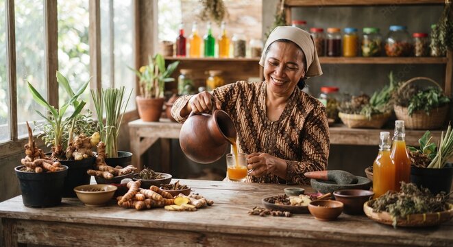 Traditional Indonesian herbalist (jamu seller) preparing a fresh kunyit asam turmeric-tamarind drink in a rustic herbal workshop (warung jamu) surrounded by natural ingredients.