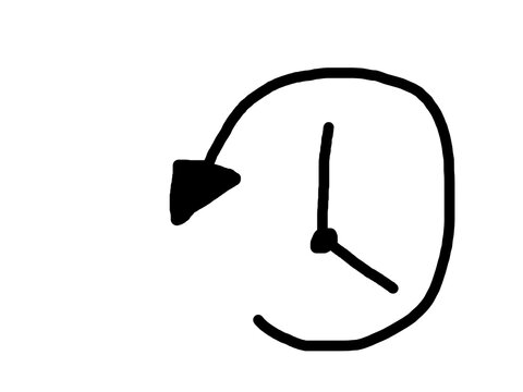 Hand drawn black clock with counter clockwise arrow and grey shadow, brush sketch icon for history, time, undo and schedule design