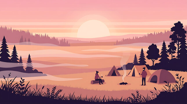 People camping in tents by a campfire during a peaceful sunrise in the mountains