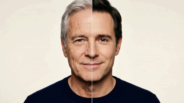 A portrait of a man showing a split face aging comparison, with one half featuring wrinkled senior skin and gray hair, and the other half showing smooth young skin with dark hair.