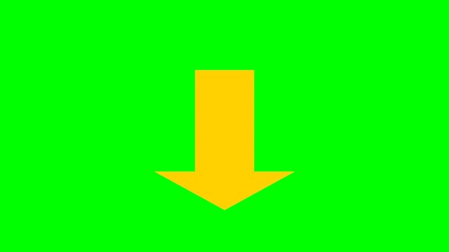 Yellow arrow pointing down bouncing on green screen background, chroma key overlay
