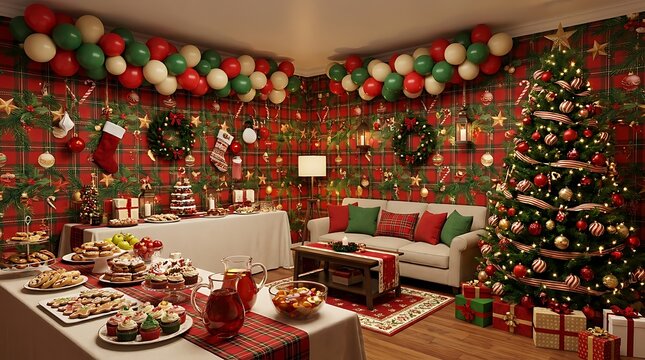 Cozy living room decorated for christmas with a large tree gifts and food table full of festive snacks for a holiday party celebration at home