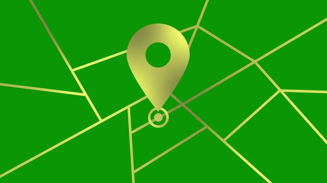 Animated golden location pointer icon on the map. Location pin, GPS tracker, destination. GPS map of the city with place marker. Vector flat illustration isolated on a green background. Looped video.