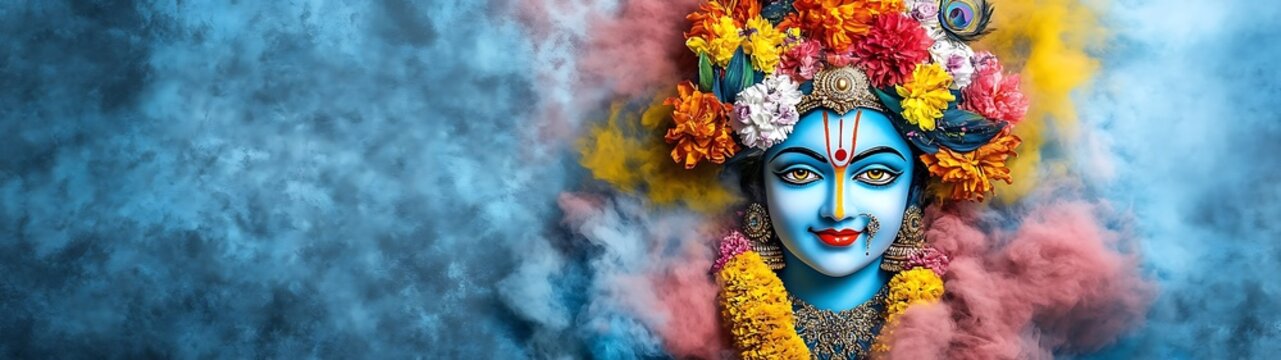 Blue Divine Figure Surrounded by Colorful Flowers