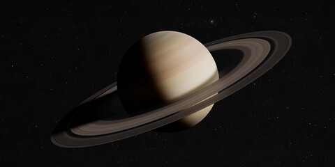 Saturn planet isolated on black starry space background 3D realistic rendering. © Artur Didyk