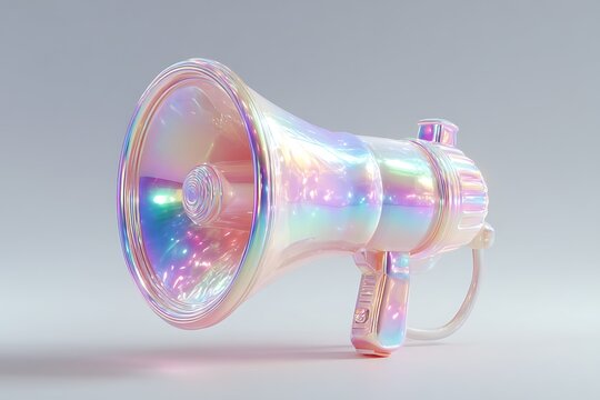Iridescent Megaphone Isolated on Light Background Holographic Communication Device With Modern Aesthetic Style