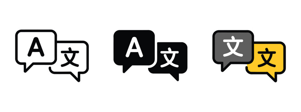 Language Translation Icons Featuring Speech Bubbles and Text Characters, Representing Multilingual Communication, Global Languages, Interpretation, and Localization for Vector Illustration.