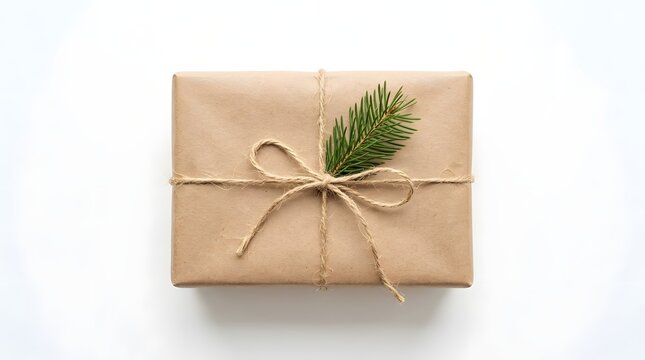 Minimalist eco-friendly gift box wrapped in brown paper with a pine sprig on white background