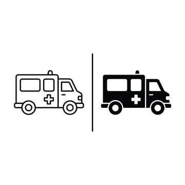 Ambulance vehicle side view icon set, emergency medical transport, outline and solid black style, hospital symbol, isolated on white background