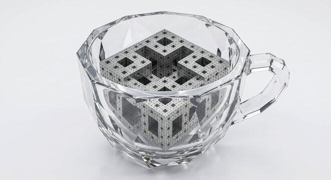 Glass cup holds fractal patterns. Crystal facets catch light with elegance. Geometric design echoes mathematical art. Ideal for modern design or tech themes. Reflective surface adds depth and texture