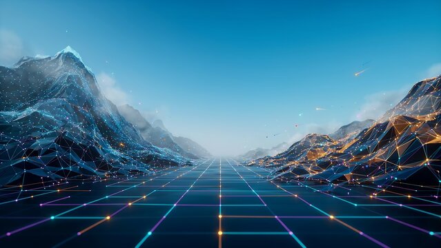 Digital landscape with polygonal mountains and glowing grid lines in a futuristic virtual