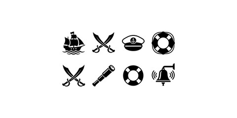 Nautical equipment icon set featuring pirate swords ship captains hat lifesaver and bell for maritime themed art. © Kamran