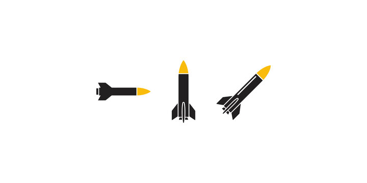 Three black missile icons with yellow warheads showing different launch angles for military weapons defense system.