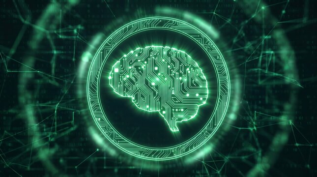 Artificial intelligence brain circuit glowing green on digital binary code background representing technology