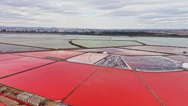 Salt extraction takes place in a grid of red and pale ponds, with dikes dividing the basin and a city visible along the distant horizon.