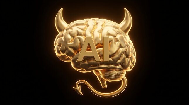 Golden brain with devil horns and tail representing artificial intelligence and complex thought processes