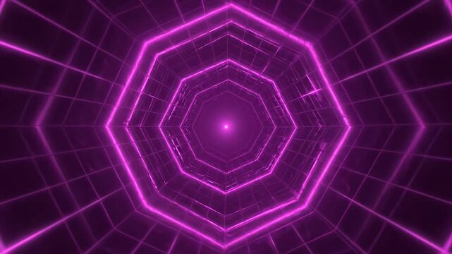 Purple neon octagon tunnel glowing in dark space.