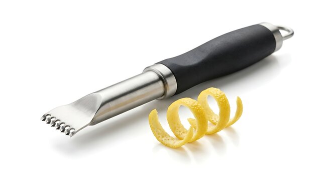 Citrus zester with lemon peel curls on white background