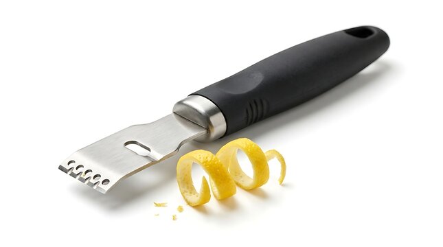 Black citrus zester with lemon zest on white background