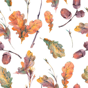 Watercolor seamless pattern of falling autumn oak leaves and woodland acorns on black