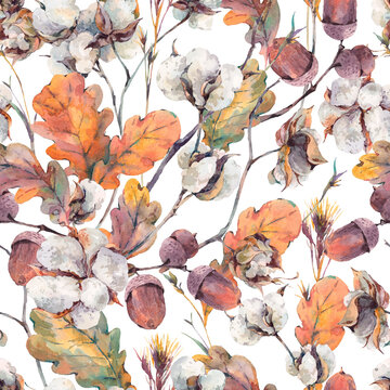 Autumn seamless pattern featuring watercolor cotton flowers oak leaves and forest acorns