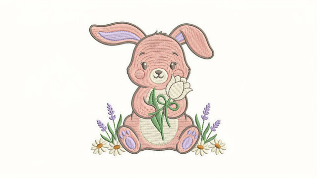 A cute pink bunny holding a white tulip flower with spring plants isolated on a transparent background