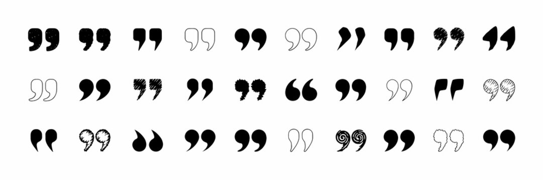Minimalist quotation marks set, black and white quote icons collection, 30 diverse punctuation marks for typography and editorial design isolated PNG with Transparent Background