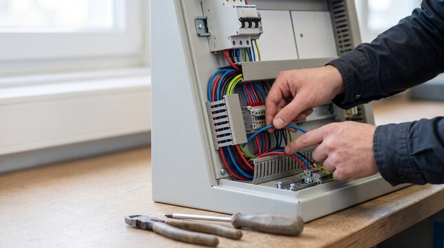 Hands route conductors through a motor drive trainer