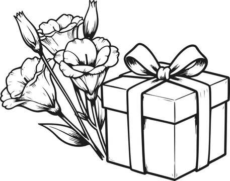 Gift box with ribbon and blooming flower bouquet sketch present and floral elements drawing