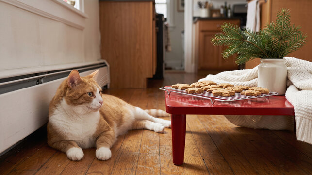 Cozy orange-and-white cat relaxing next to completed holiday pet treats