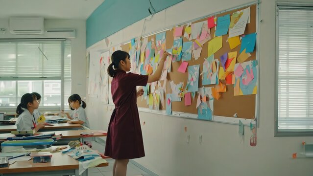 Teacher Adjusting Sticky Notes on Bulletin Board in Bright Classroom - Education and Learning Stock Photo