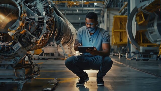 Engineer Inspecting Aircraft Engine with Tablet: Maintenance, Repair, and Technology in a Modern Aviation Workshop