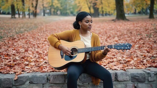 Young Black Woman Playing Acoustic Guitar Outdoors in Autumn Park - Fall Season, Music, Creativity, and Relaxation Stock Photo