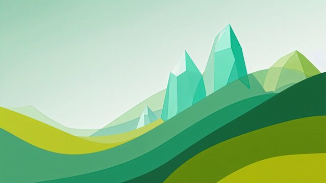 Abstract Geometric Landscape with Turquoise Mountains and Rolling Green Hills - Minimalist Vector Illustration