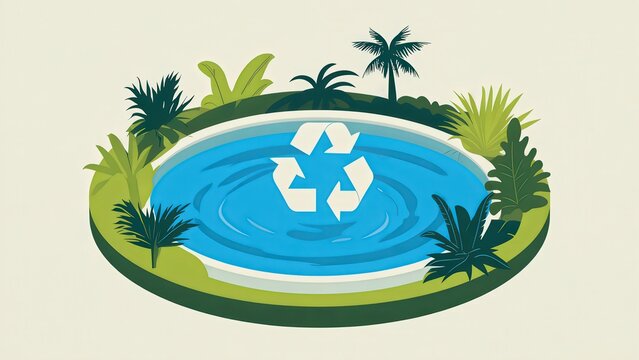 Recycling Symbol in Tropical Pond Illustration - Sustainable Environment Concept Stock Image