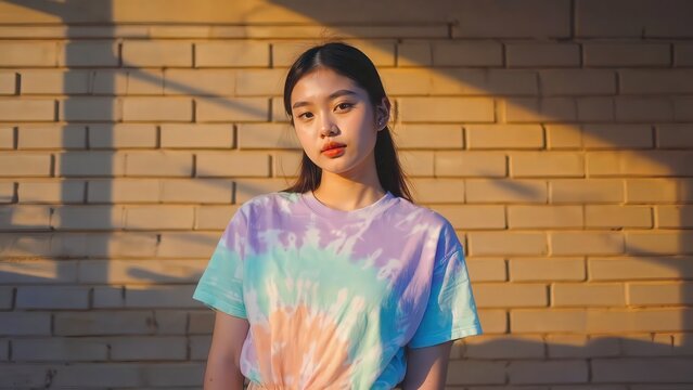Young Asian woman in tie-dye shirt poses against a brick wall bathed in warm sunlight, portrait style.