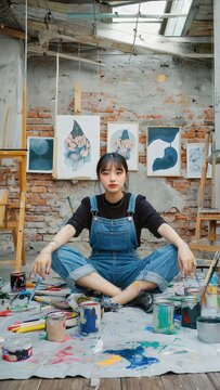 Young Asian Artist in Studio: Creative Woman Painting Flowers, Surrounded by Art Supplies and Easels, Artistic Workspace.