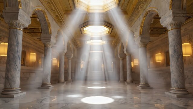 Grand Marble Hall with Golden Accents and Dramatic Light Rays - Architectural Interior Stock Photo