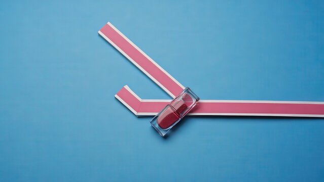 Modern Beauty Product Still Life: Lipstick and Pink Tape on Blue Background, Minimalist Aesthetic, Flat Lay Photography