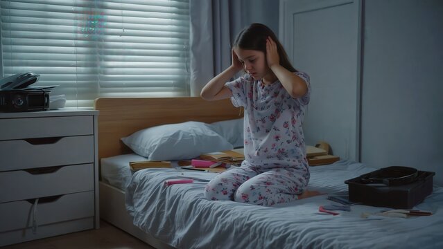 Anxious child sits on bed covering ears, experiencing distress in a dimly lit bedroom, depicting fear and emotional vulnerability.